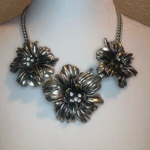 Fossil Brand Floral Silver Necklace with Clear Gems